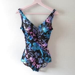 Vintage 80s Blue Floral One Piece Swimsuit With Built-In Cups Retro Pinup Size S